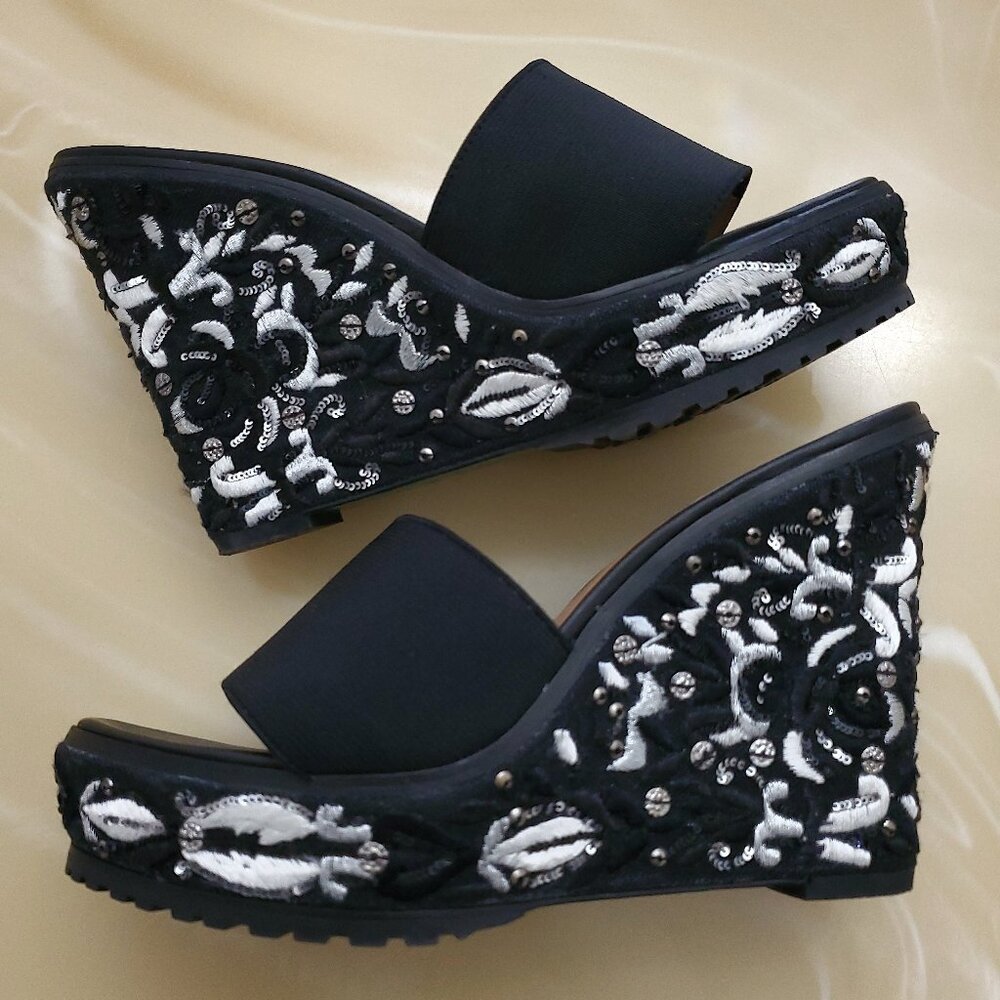 Donald J. Pliner Black and White Embellished Wedge Sandals